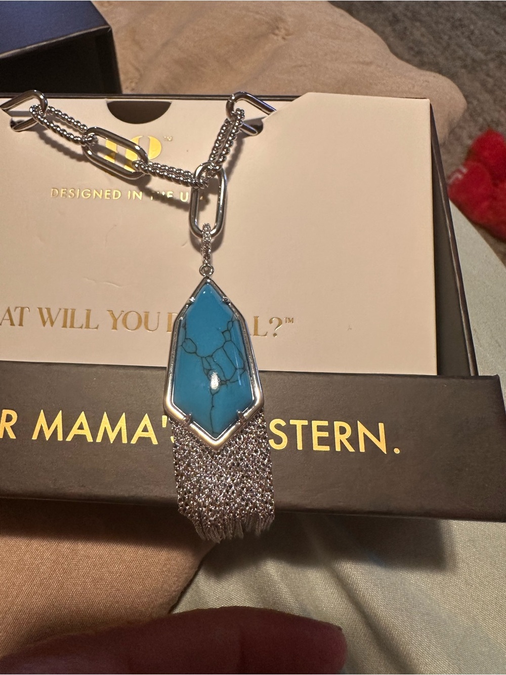 Silver Fringe Necklace with Turquoise Stone Pendant